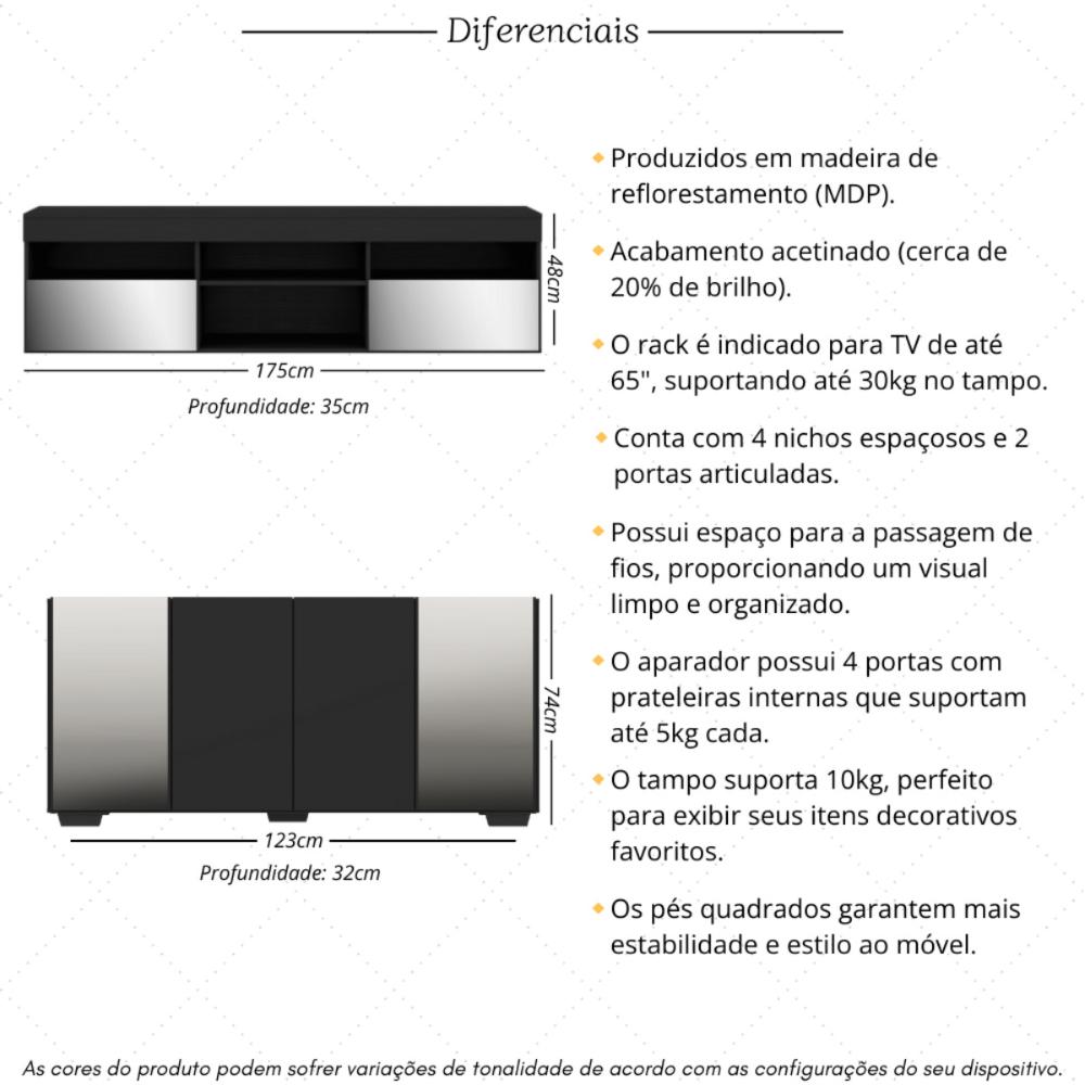 Rack para TV até 65 Polegadas 2 Portas com Aparador 4 Portas e Espelhos Multimóveis MP1096 Preto
