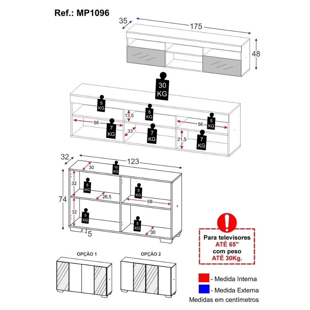Rack para TV até 65 Polegadas 2 Portas com Aparador 4 Portas e Espelhos Multimóveis MP1096 Preto