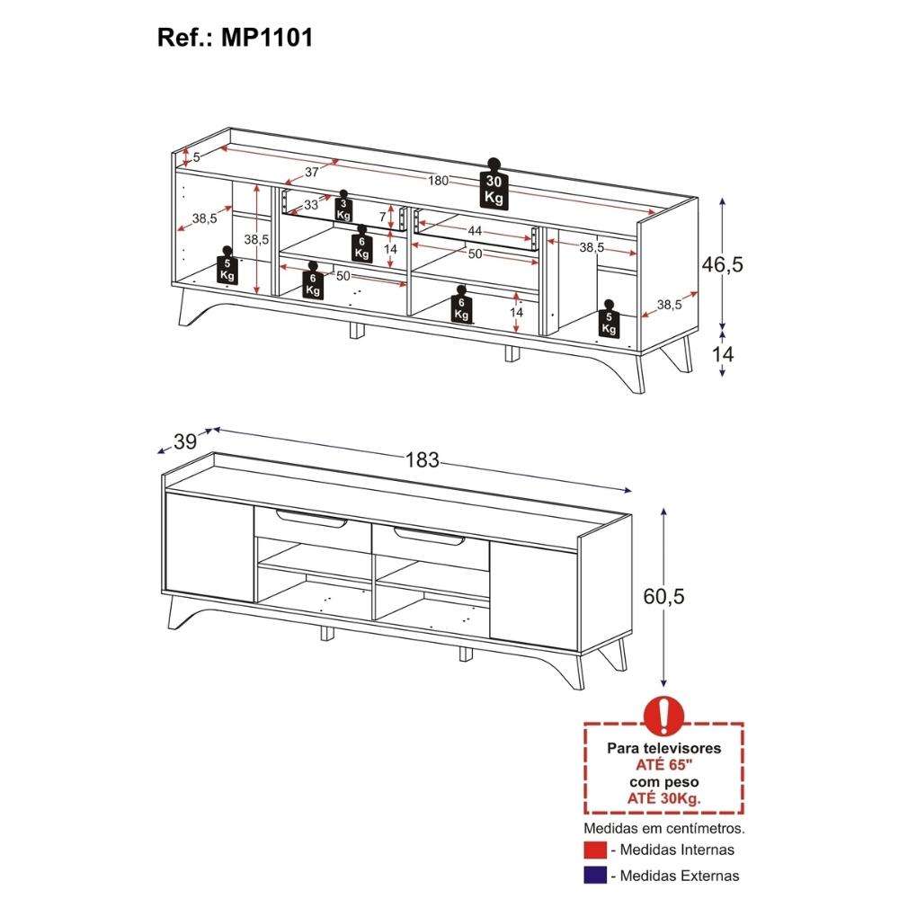Rack para TV até 65 Polegadas com 2 Portas e 2 Gavetas Multimóveis MP1101 Off White/Madeirado