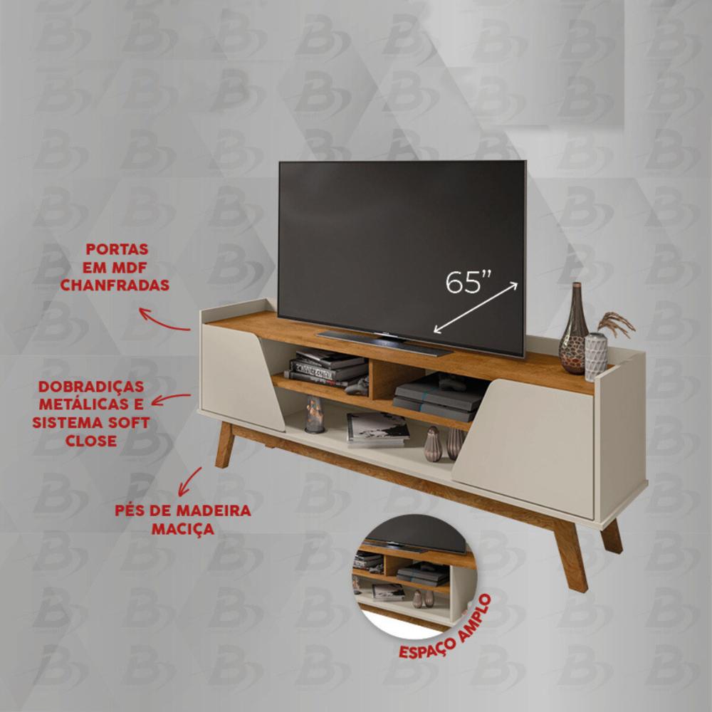 Rack para TV até 65 Polegadas com Nichos e 2 Portas Retrô Multimóveis CR45296 Off White/Naturalle