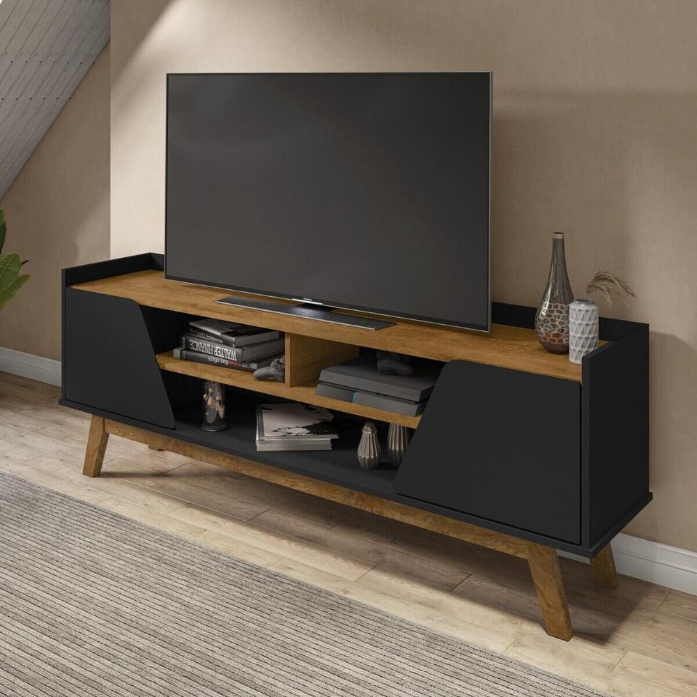 Rack para TV até 65 Polegadas com Nichos e 2 Portas Retrô Multimóveis CR45296 Preto Fosco/Naturalle