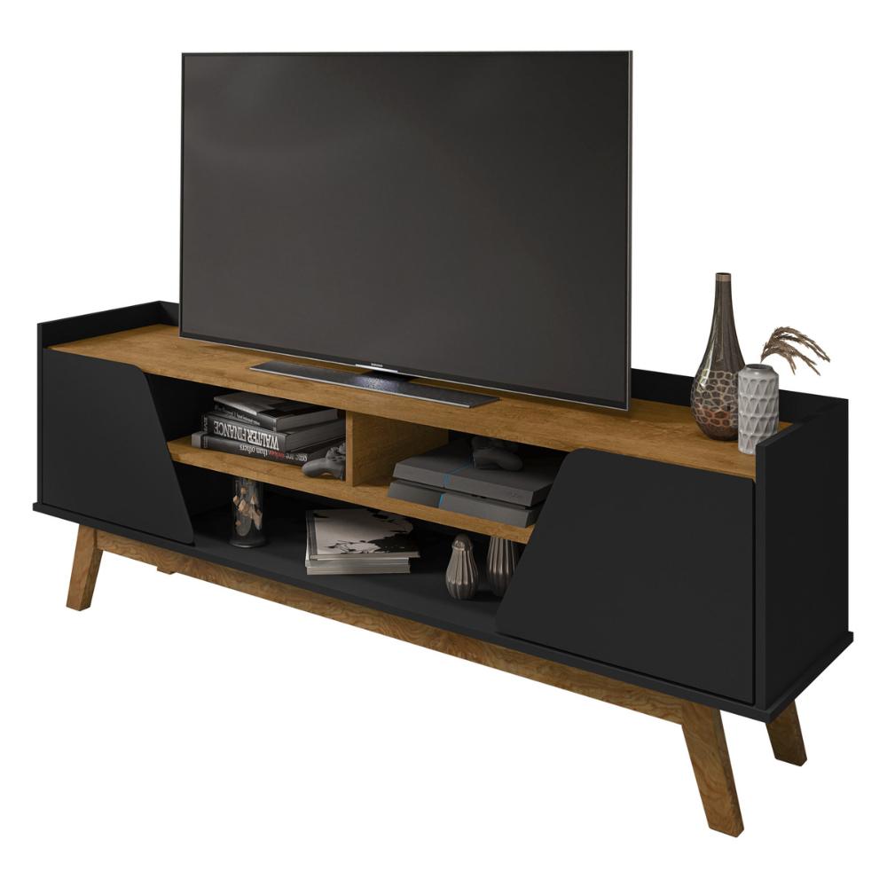 Rack para TV até 65 Polegadas com Nichos e 2 Portas Retrô Multimóveis CR45296 Preto Fosco/Naturalle