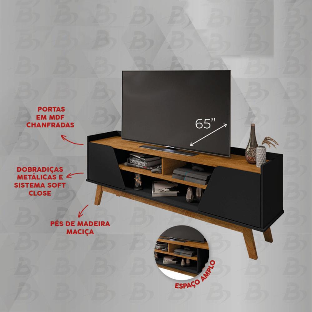 Rack para TV até 65 Polegadas com Nichos e 2 Portas Retrô Multimóveis CR45296 Preto Fosco/Naturalle