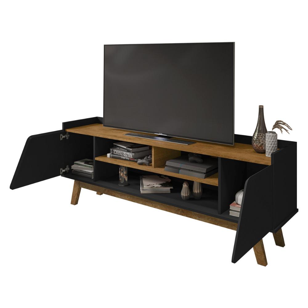 Rack para TV até 65 Polegadas com Nichos e 2 Portas Retrô Multimóveis CR45296 Preto Fosco/Naturalle