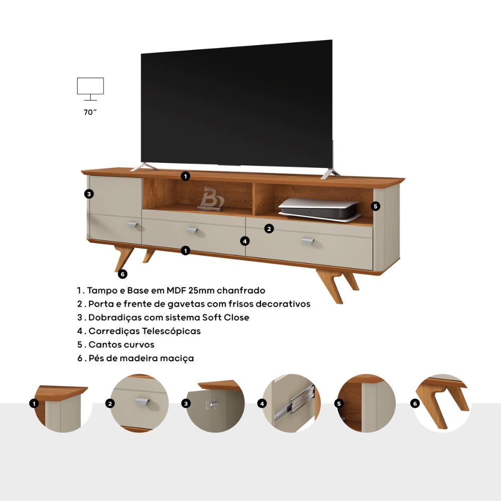 Rack para TV até 70 Polegadas com 1 Porta e 2 Gavetas Multimóveis CR45290 Off White/Naturalle