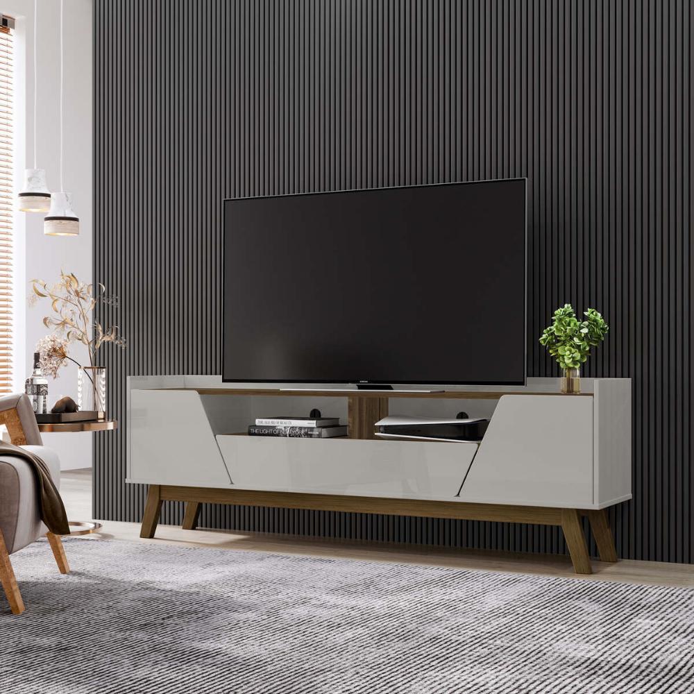 Rack para TV até 70 Polegadas com 2 Portas e 1 Gaveta Retrô Multimóveis CR45292 Off White/Ipê