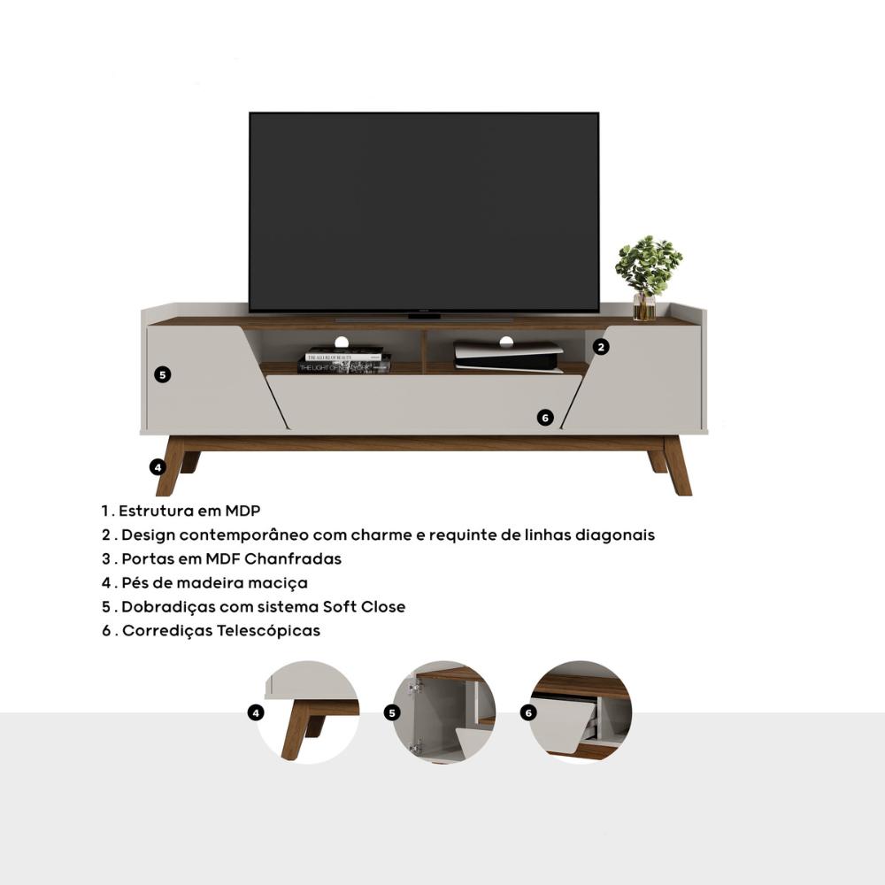 Rack para TV até 70 Polegadas com 2 Portas e 1 Gaveta Retrô Multimóveis CR45292 Off White/Ipê