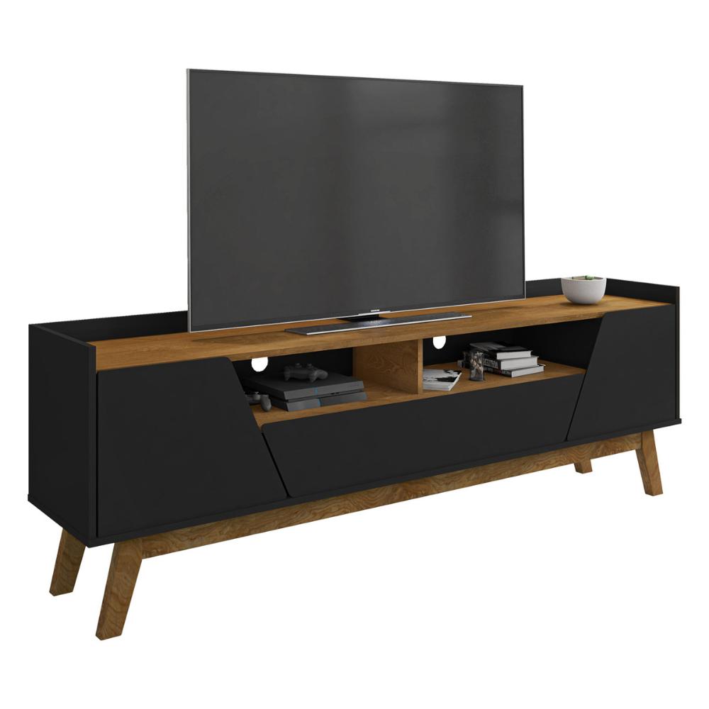 Rack para TV até 70 Polegadas com 2 Portas e 1 Gaveta Retrô Multimóveis CR45292 Preto Fosco/Naturalle
