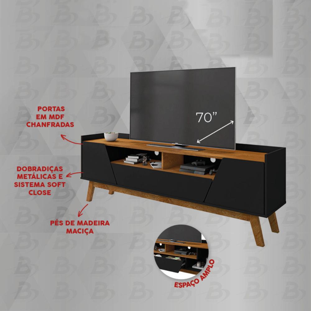 Rack para TV até 70 Polegadas com 2 Portas e 1 Gaveta Retrô Multimóveis CR45292 Preto Fosco/Naturalle