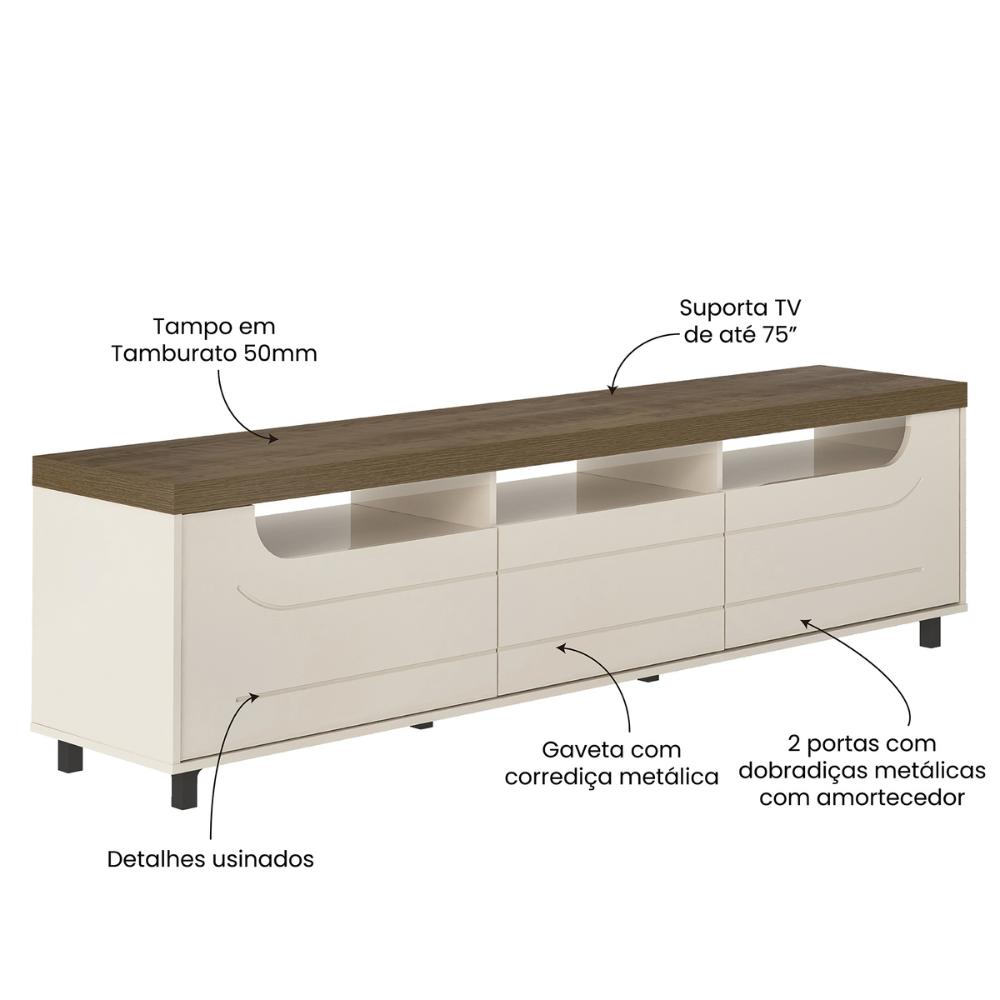 Rack para TV até 75 Polegadas 200cm 2 Portas 1 Gaveta Multimóveis CR45325 Pinho/Off White