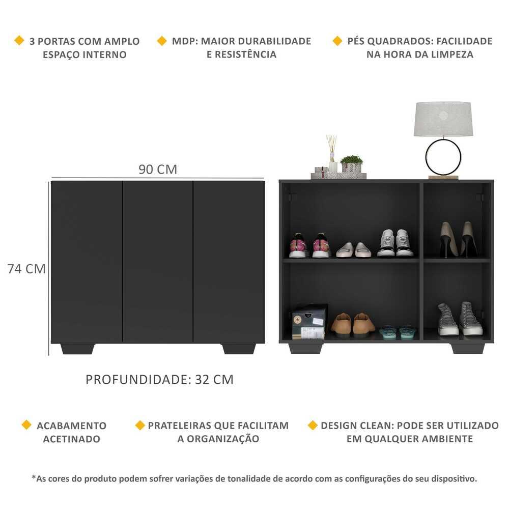 Sapateira 3 Portas Nina Multimóveis MP6019 Preta