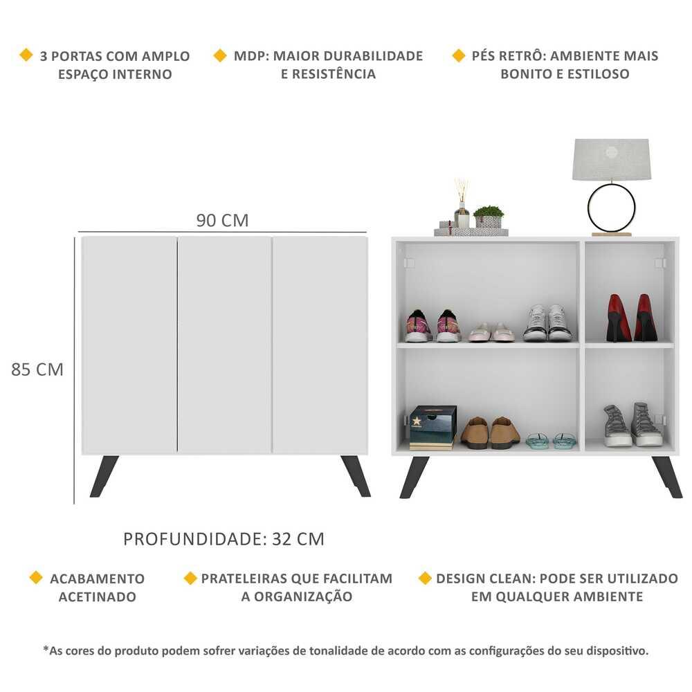 Sapateira Retrô 3 Portas Nina Multimóveis MP6018 Branca/Preta