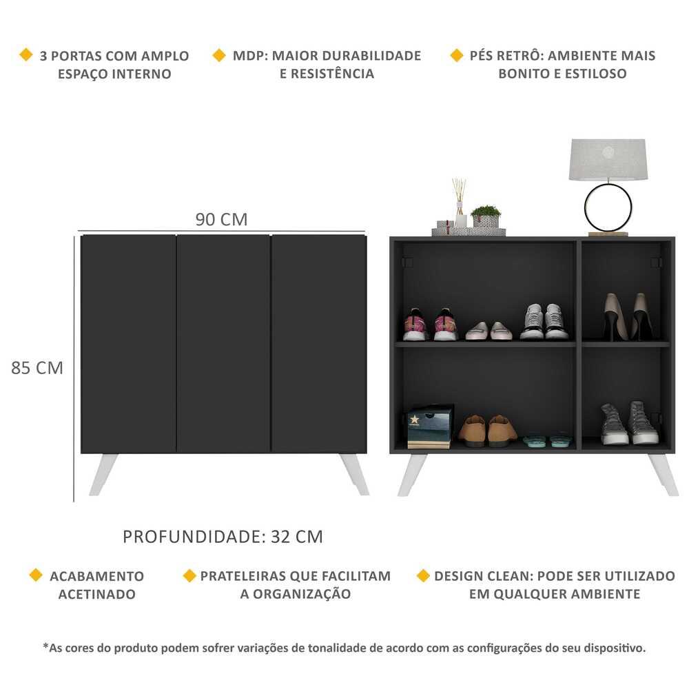 Sapateira Retrô 3 Portas Nina Multimóveis MP6018 Preta/Branca