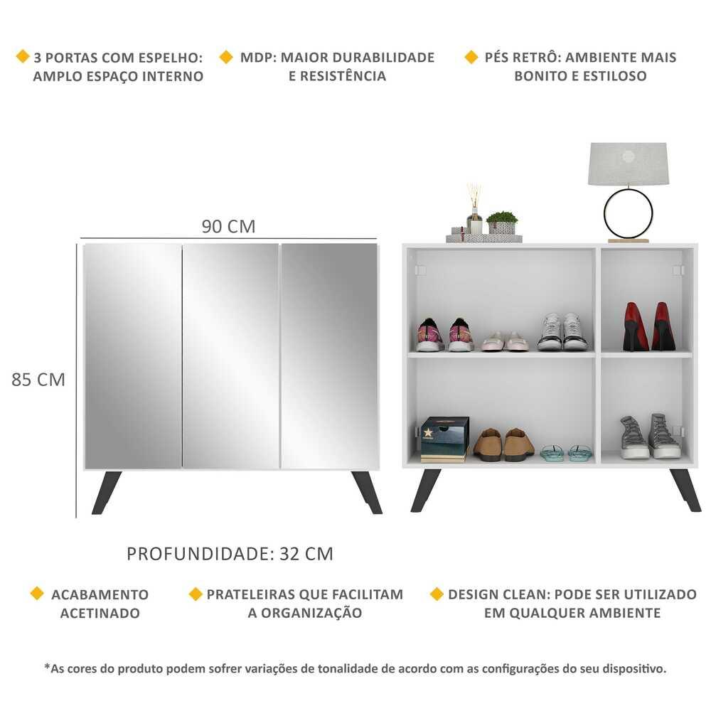 Sapateira Retrô com Espelho 3 Portas Nina Multimóveis MP6022 Branca/Preta
