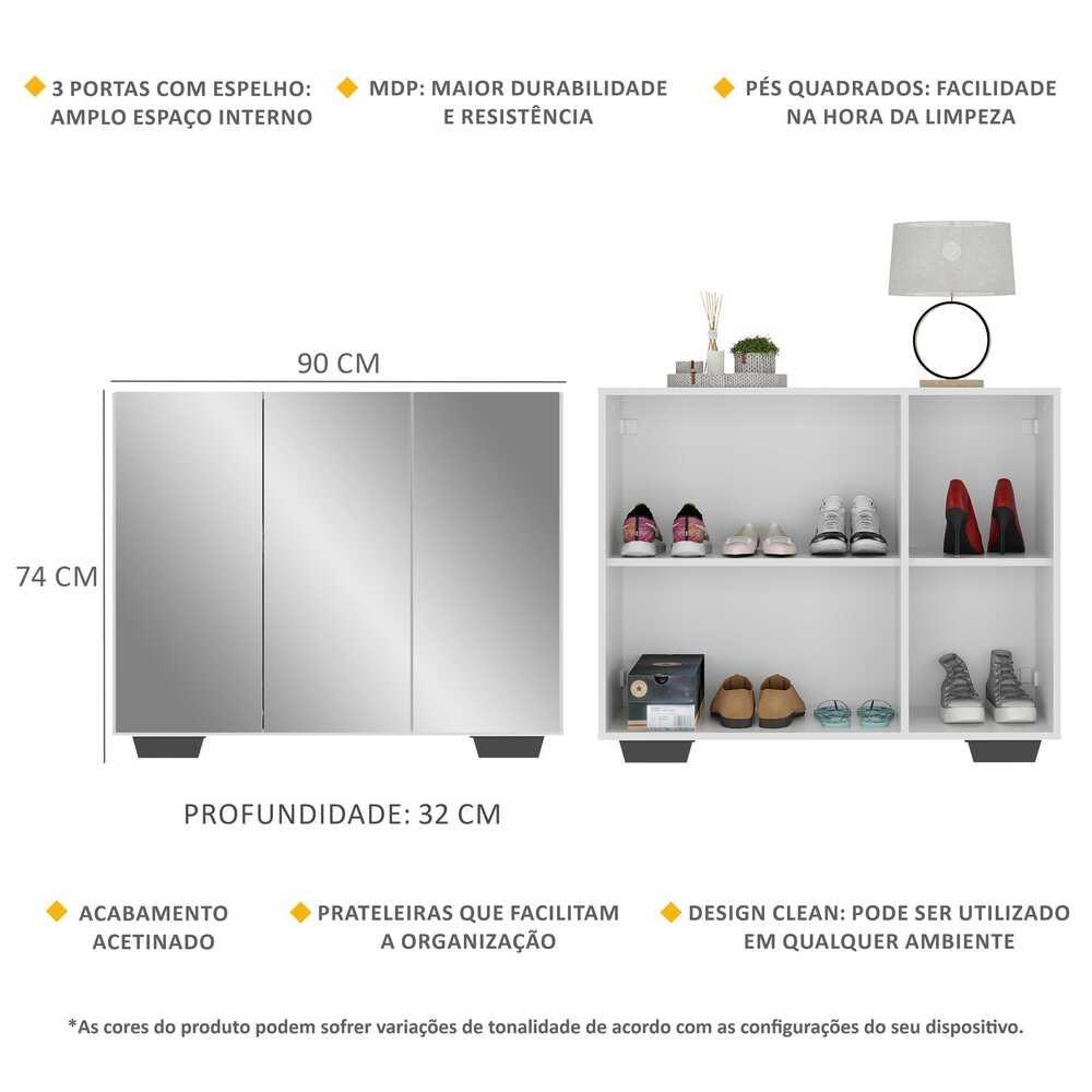 Sapateira com Espelho 3 Portas Nina Multimóveis MP6023 Branca/Preta