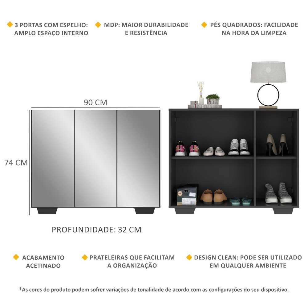 Sapateira com Espelho 3 Portas Nina Multimóveis MP6023 Preta