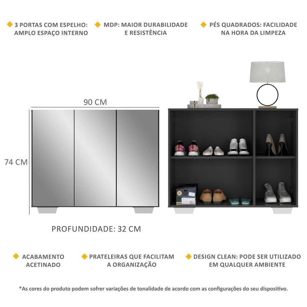 Sapateira com Espelho 3 Portas Nina Multimóveis MP6023 Preta/Branca