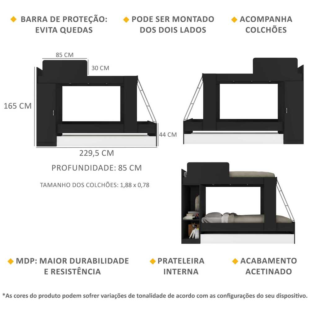 Treliche com Colchão Incluso 1 Porta Havana Multimóveis Preto/Branco