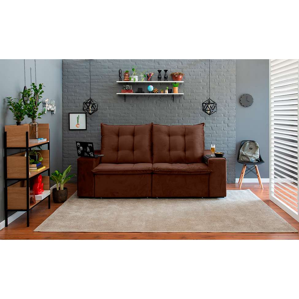 [OUTLET] Sofá 3 Lugares Retrátil e Reclinável Luther Veludo Marrom 220 cm
