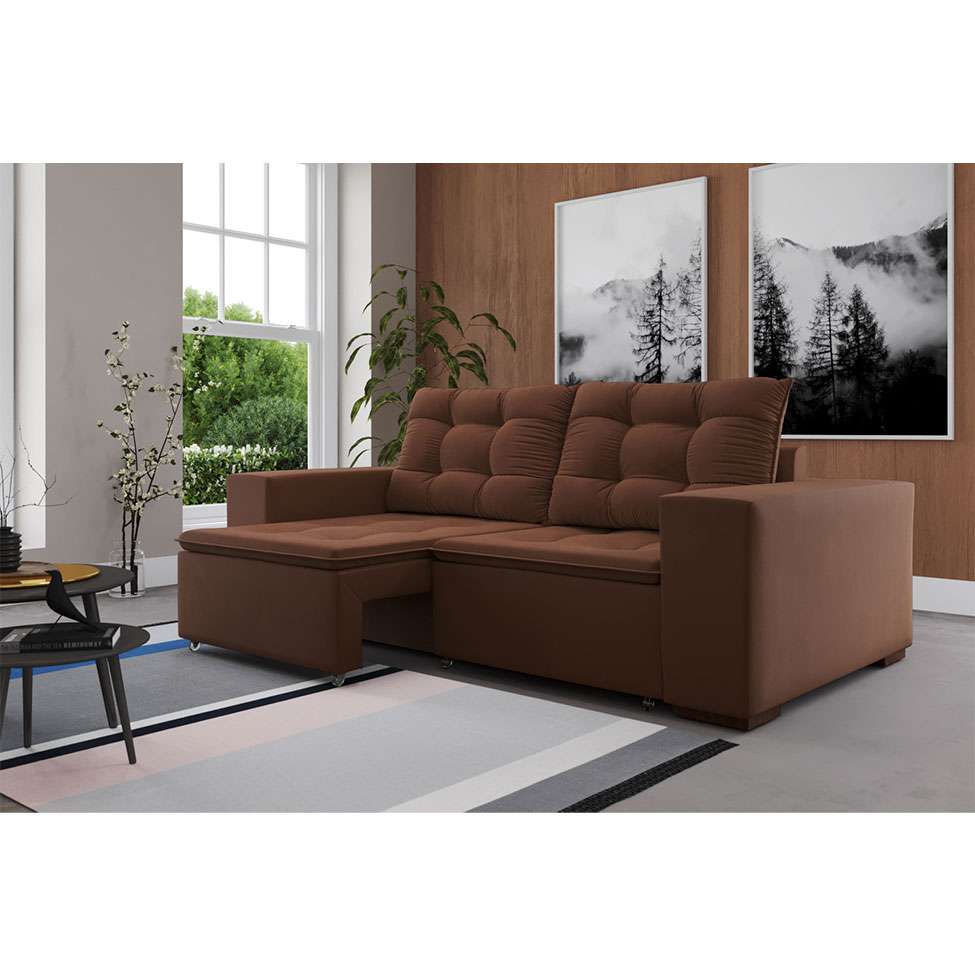 [OUTLET] Sofá 3 Lugares Retrátil e Reclinável Luther Veludo Marrom 220 cm