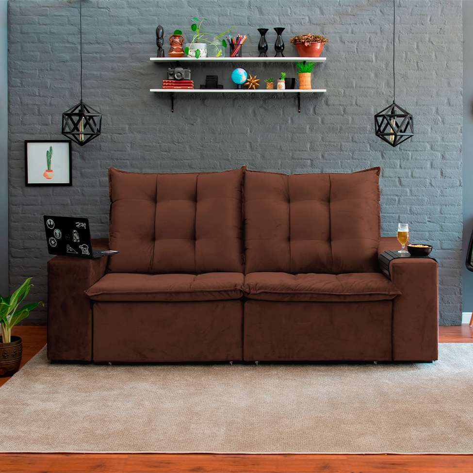 [OUTLET] Sofá 3 Lugares Retrátil e Reclinável Luther Veludo Marrom 220 cm