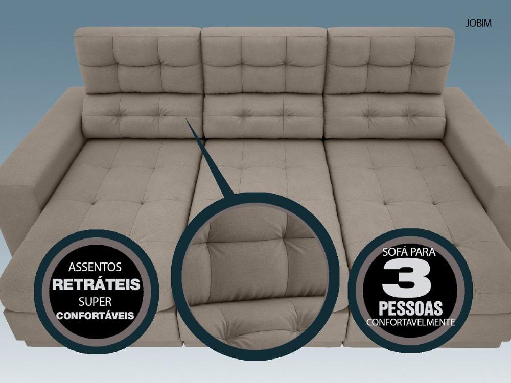 Sofá 3 Lugares Net Jobim Assento Retrátil e Reclinável Bege 2,05m (L)