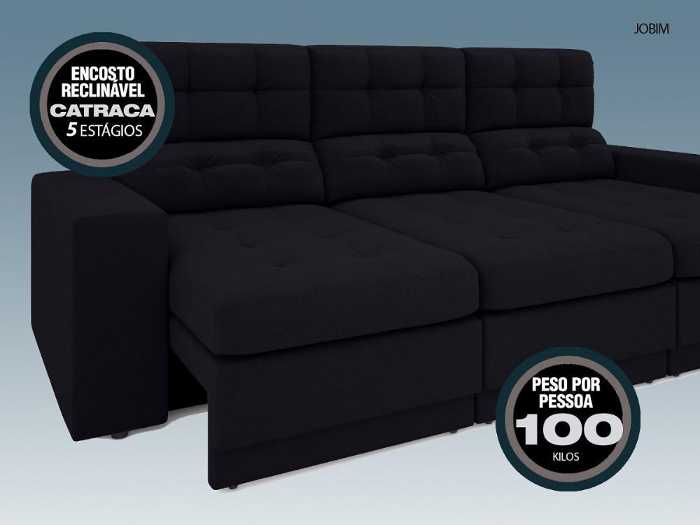 Sofá 3 Lugares Net Jobim Assento Retrátil e Reclinável Preto 2,05m (L)