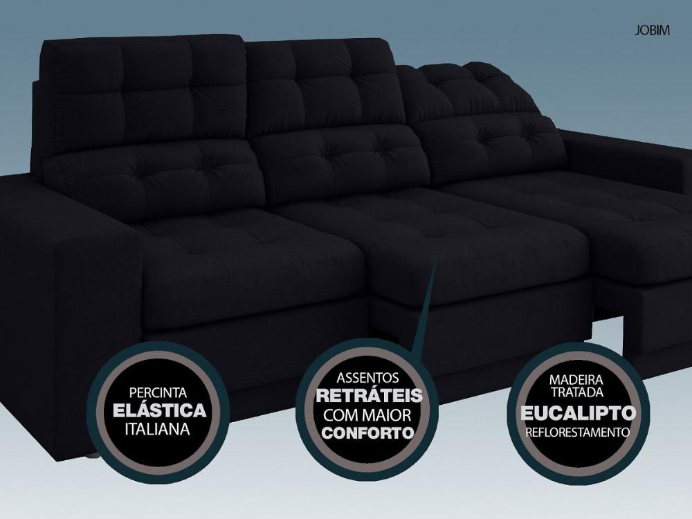 Sofá 3 Lugares Net Jobim Assento Retrátil e Reclinável Preto 2,05m (L)