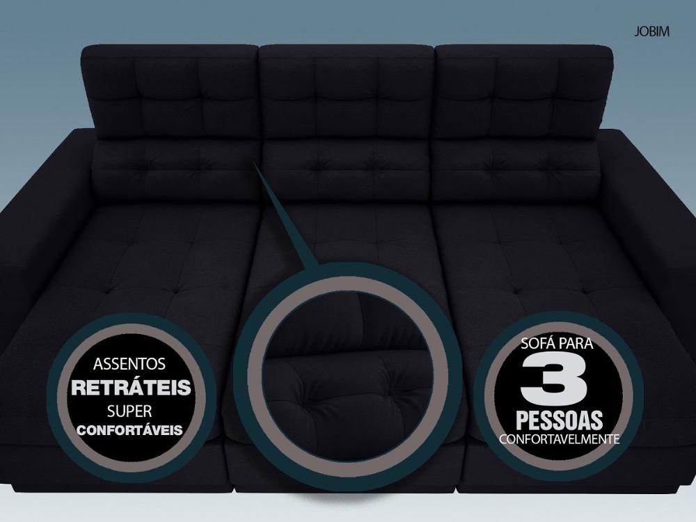 Sofá 3 Lugares Net Jobim Assento Retrátil e Reclinável Preto 2,05m (L)