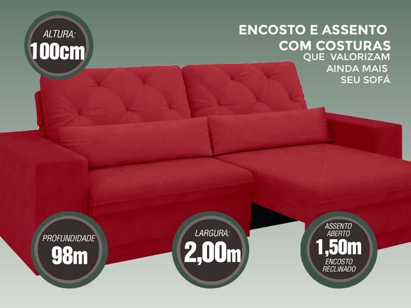 Sofá 3 Lugares Net Royale Assento Retrátil e Reclinável 2,00m (L) Vermelho – NETSOFAS