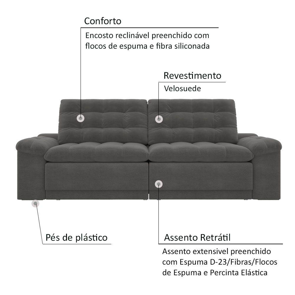 Sofá 4 Lugares Net Confort Assento Retrátil e Reclinável Cinza Escuro 2,20m (L)