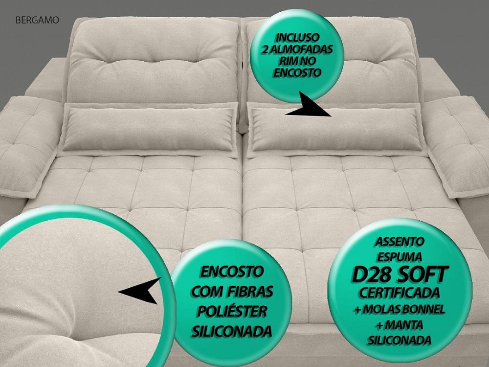 Sofá Bergamo 2,10m Assento Retrátil e Reclinável Velosuede Areia - NETSOFAS