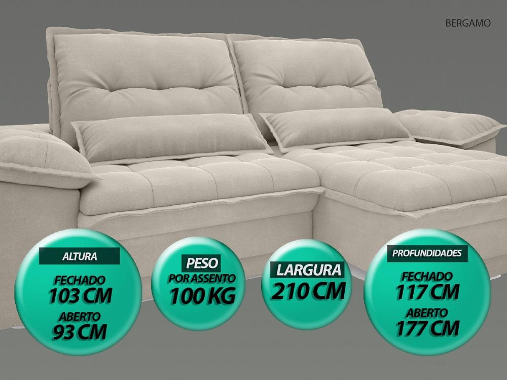 Sofá Bergamo 2,10m Assento Retrátil e Reclinável Velosuede Areia - NETSOFAS