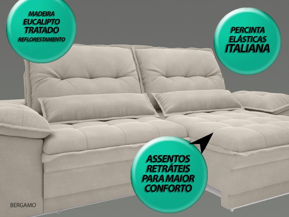 Sofá Bergamo 2,10m Assento Retrátil e Reclinável Velosuede Areia - NETSOFAS