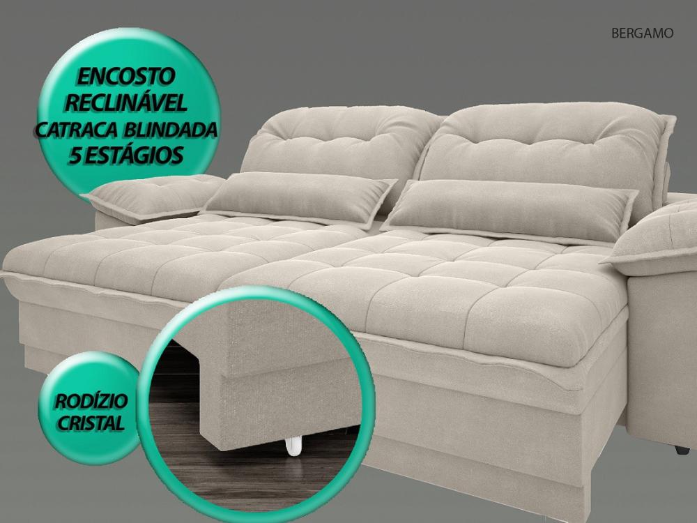 Sofá Bergamo 2,10m Assento Retrátil e Reclinável Velosuede Areia - NETSOFAS