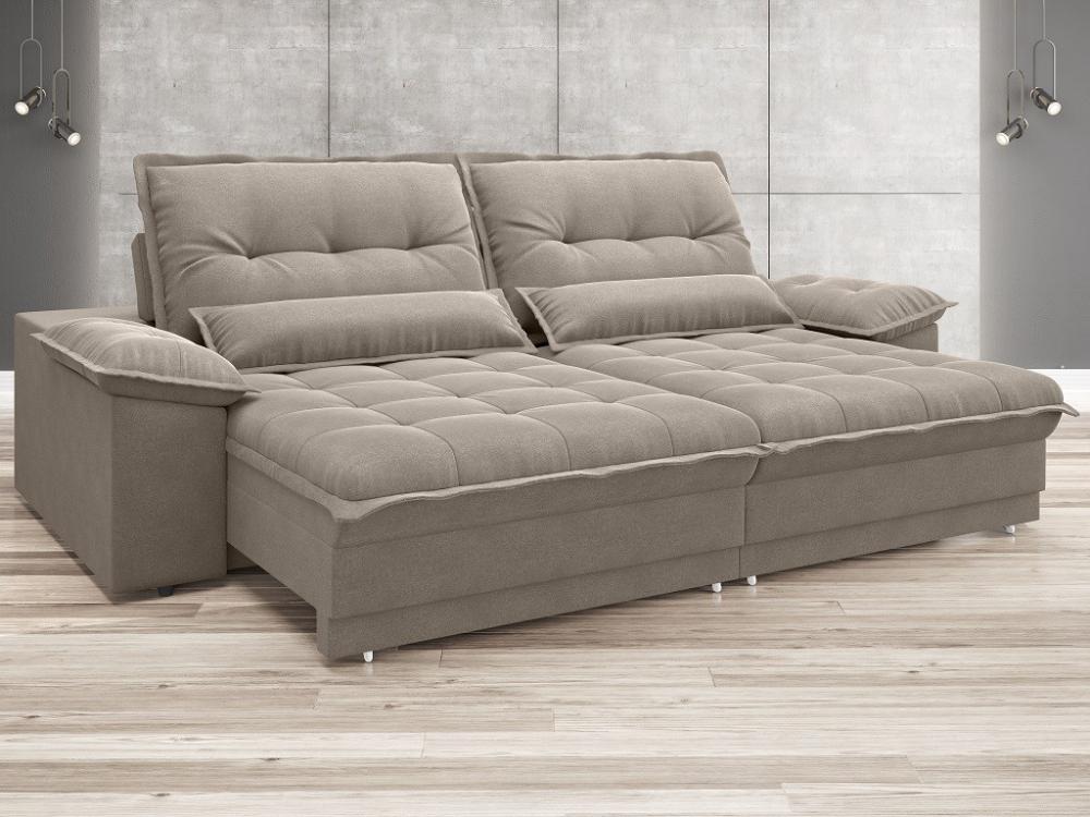 Sofá Bergamo 2,10m Assento Retrátil e Reclinável Velosuede Bege - NETSOFAS