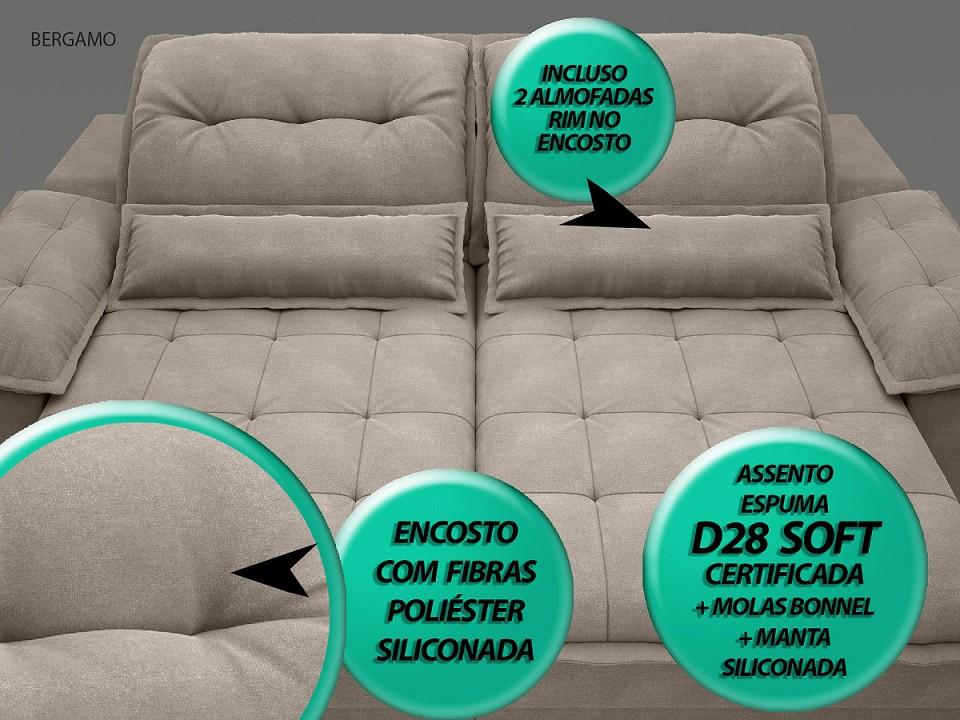 Sofá Bergamo 2,10m Assento Retrátil e Reclinável Velosuede Bege - NETSOFAS
