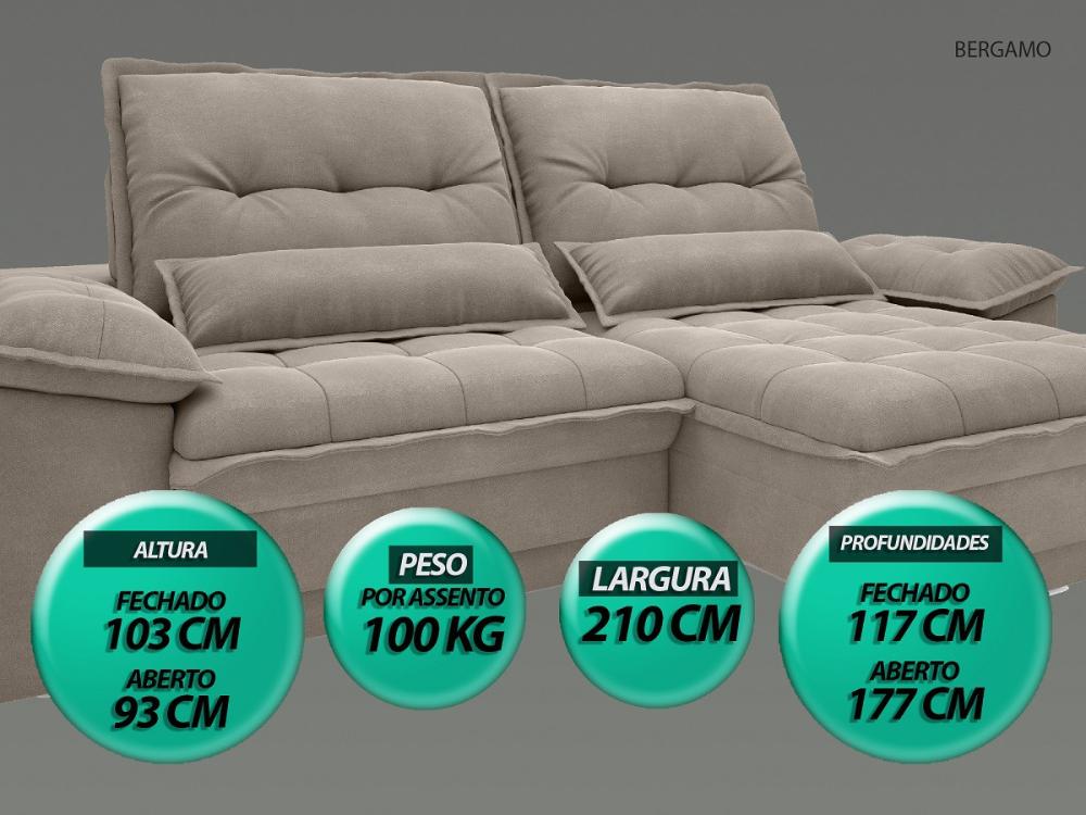 Sofá Bergamo 2,10m Assento Retrátil e Reclinável Velosuede Bege - NETSOFAS