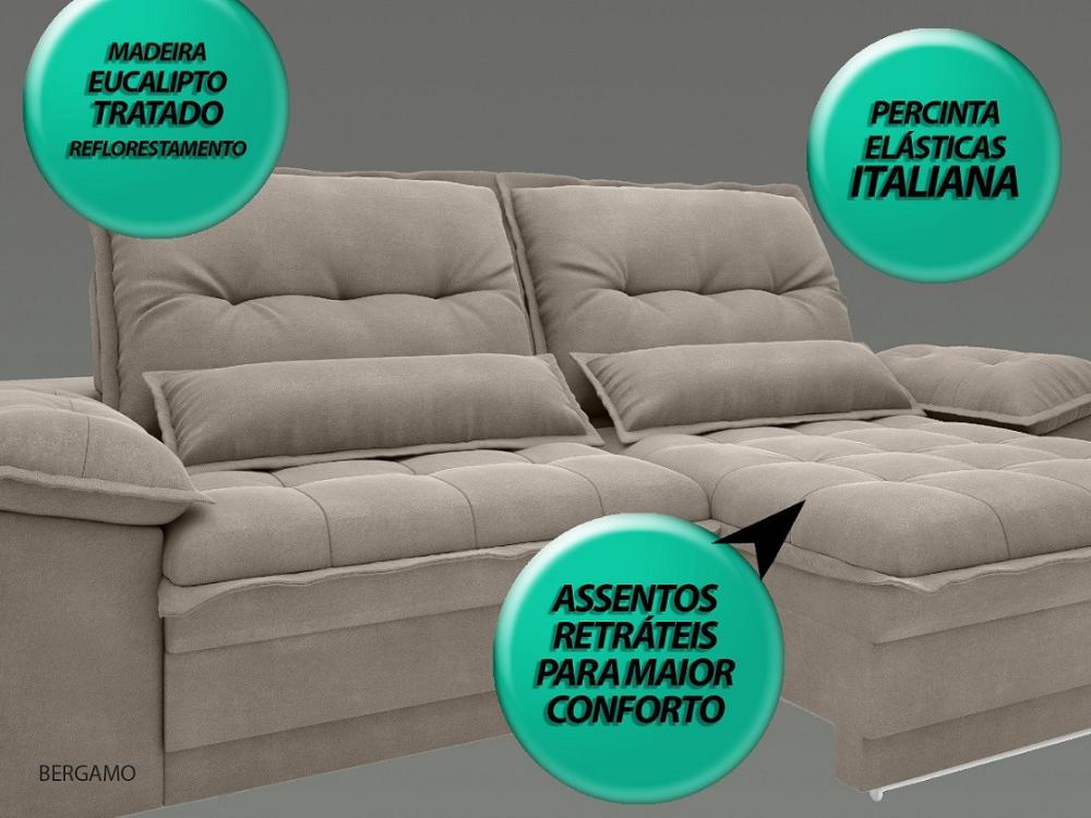 Sofá Bergamo 2,10m Assento Retrátil e Reclinável Velosuede Bege - NETSOFAS
