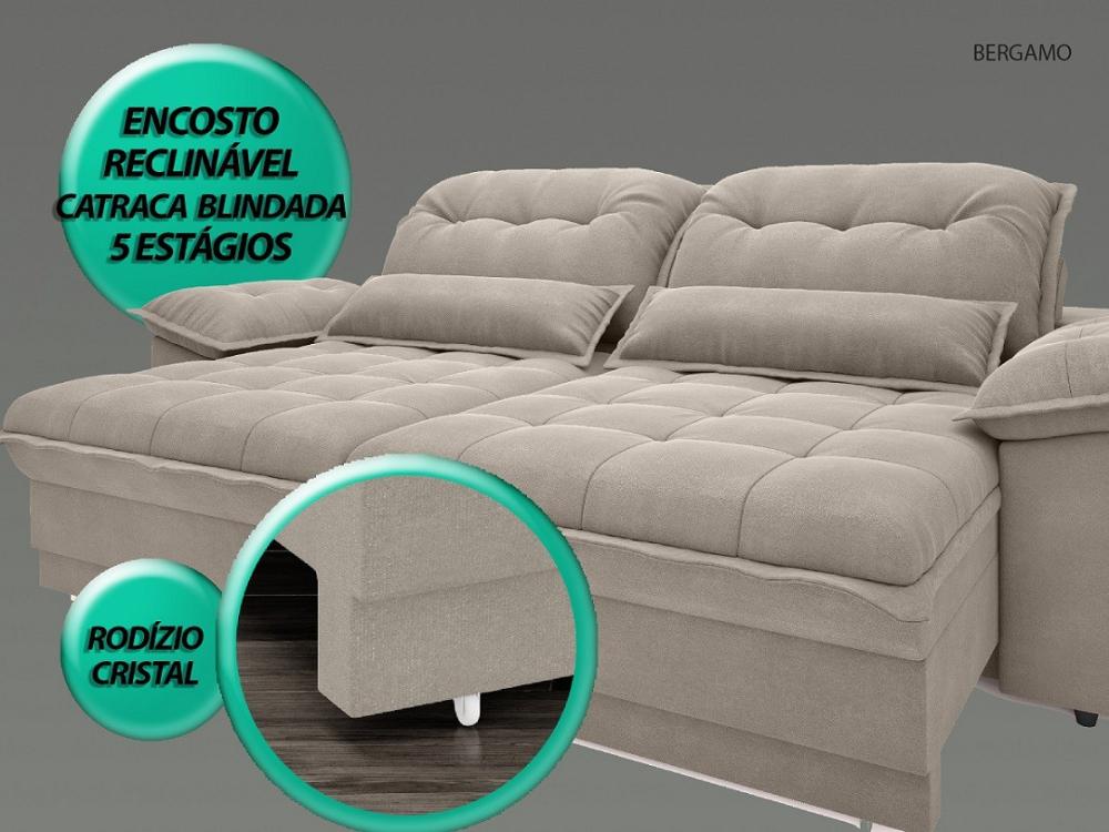 Sofá Bergamo 2,10m Assento Retrátil e Reclinável Velosuede Bege - NETSOFAS