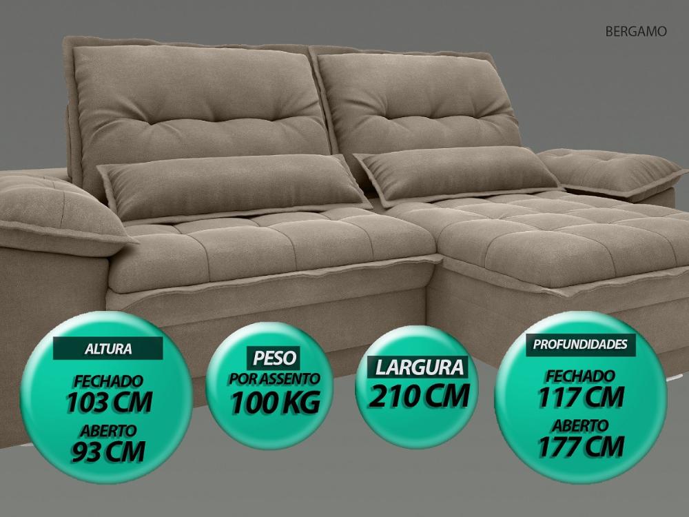 Sofá Bergamo 2,10m Assento Retrátil e Reclinável Velosuede Capuccino - NETSOFAS