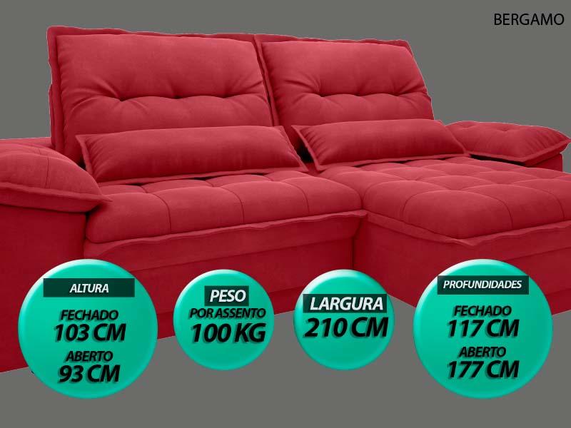 Sofá Bergamo 2,10m Assento Retrátil e Reclinável Velosuede Vermelho - NETSOFAS