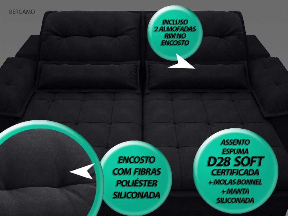 Sofá Bergamo 2,30m Assento Retrátil e Reclinável Velosuede Preto - NETSOFAS