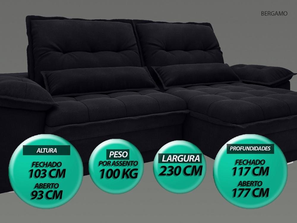 Sofá Bergamo 2,30m Assento Retrátil e Reclinável Velosuede Preto - NETSOFAS