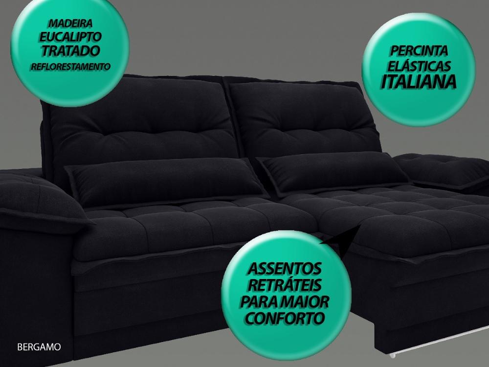 Sofá Bergamo 2,30m Assento Retrátil e Reclinável Velosuede Preto - NETSOFAS