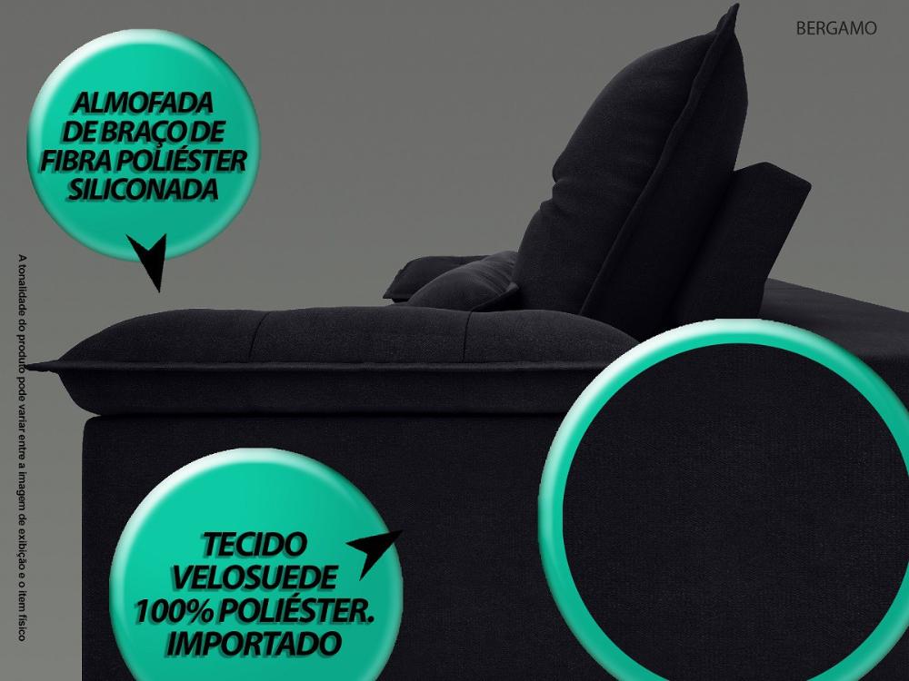 Sofá Bergamo 2,30m Assento Retrátil e Reclinável Velosuede Preto - NETSOFAS