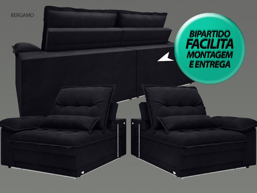 Sofá Bergamo 2,30m Assento Retrátil e Reclinável Velosuede Preto - NETSOFAS