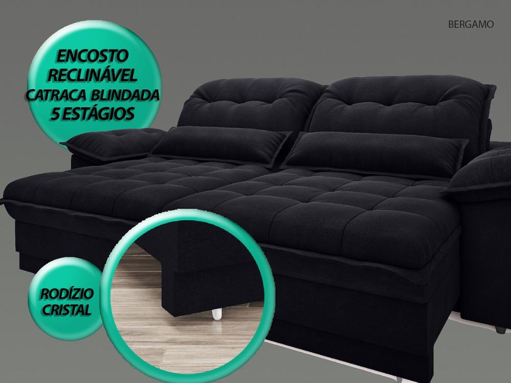 Sofá Bergamo 2,30m Assento Retrátil e Reclinável Velosuede Preto - NETSOFAS