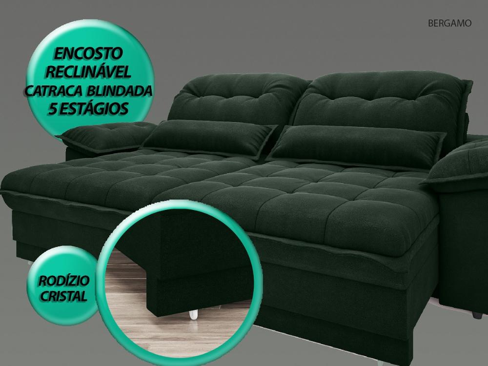 Sofá Bergamo 2,30m Assento Retrátil e Reclinável Velosuede Verde - NETSOFAS