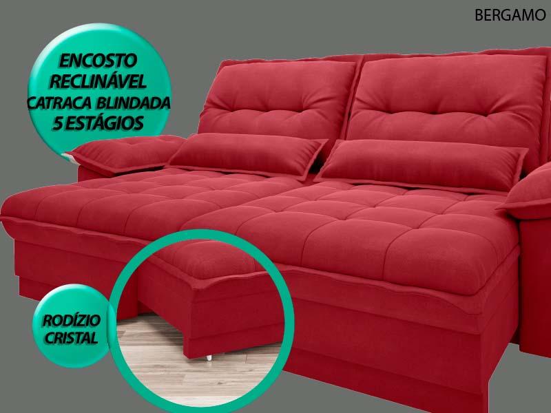 Sofá Bergamo 2,30m Assento Retrátil e Reclinável Velosuede Vermelho - NETSOFAS